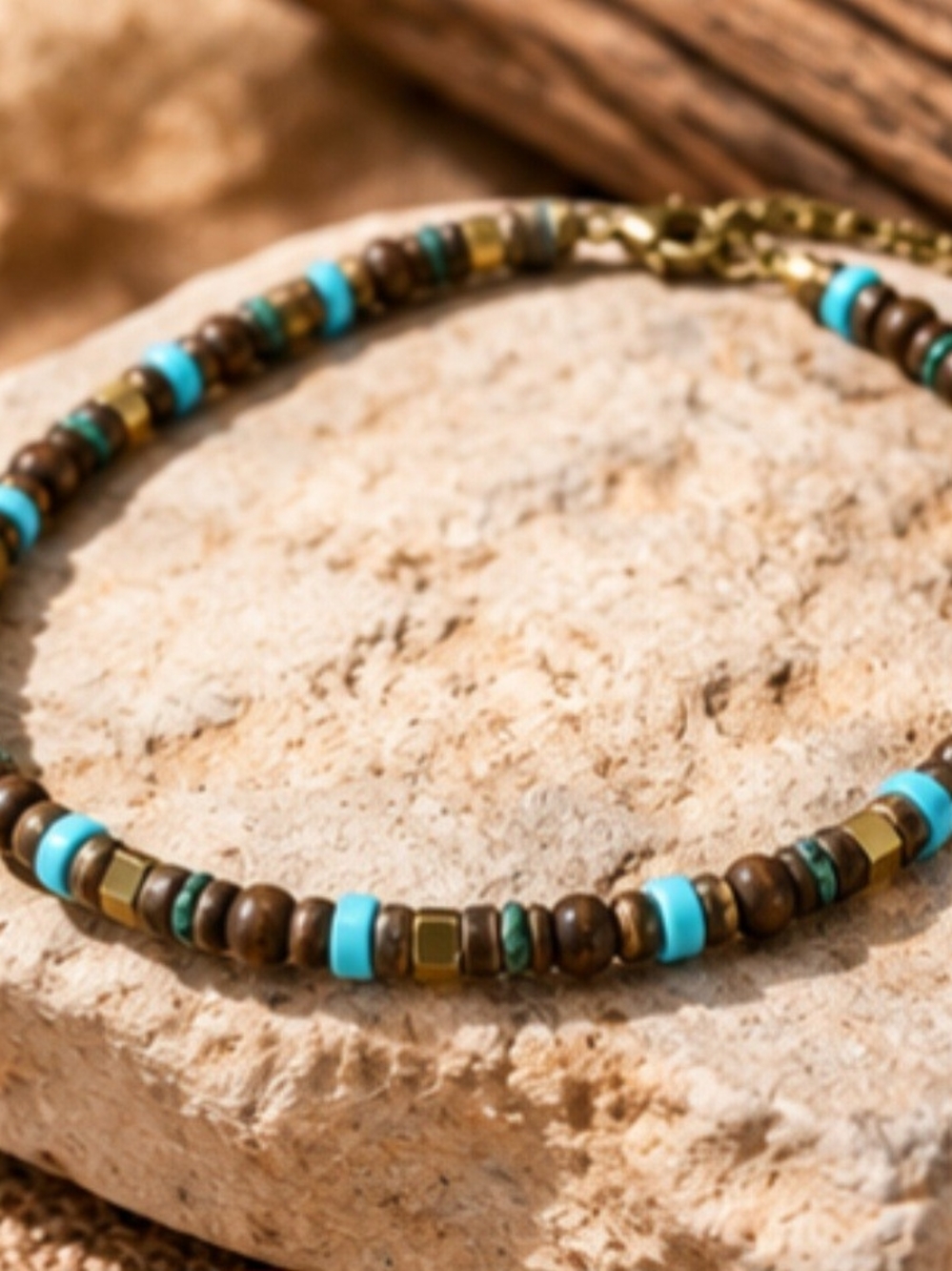 Turquoise and Brown Beaded Anklet - Handmade Beach Style